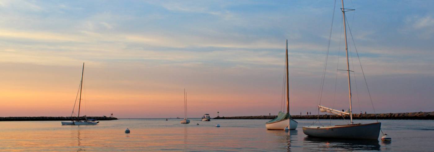 Boats in Sesuit Harbor, Dennis, Cape Cod, at sunset